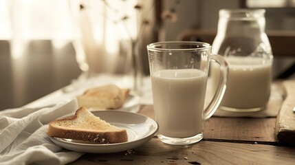 A Warm Breakfast of Fresh Milk Paired With Crispy Toast&mdash;Golden-Brown Baked Bread, Smooth Milk, and a Simple Yet Nutritious Morning Meal Perfect for Starting the Day With Energy