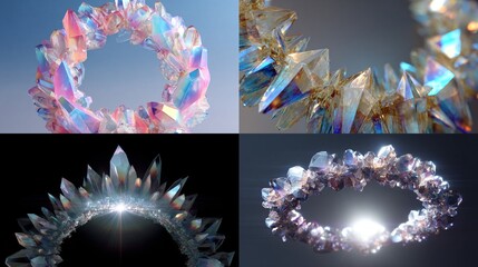 Four views of iridescent crystal formations arranged in circular shapes, refracting light with sharp edges