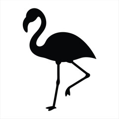 Striking black flamingo silhouette gracefully perched on one leg, isolated on white