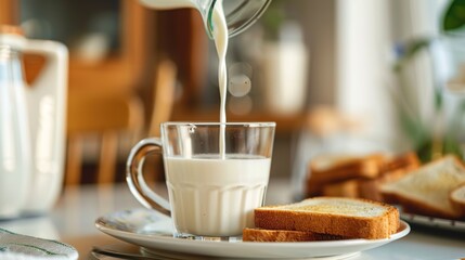 A Warm Breakfast of Fresh Milk Paired With Crispy Toast&mdash;Golden-Brown Baked Bread, Smooth Milk, and a Simple Yet Nutritious Morning Meal Perfect for Starting the Day With Energy