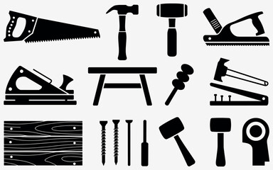 Collection of silhouetted carpentry and building tools including hammers saws planes and fasteners