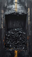 Asphalt box filled with dark rocks, yellow lines