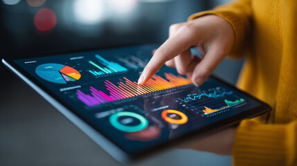 A person wearing a yellow sweater touches a tablet screen displaying a dashboard with colorful business intelligence charts and financial graphs for data analysis