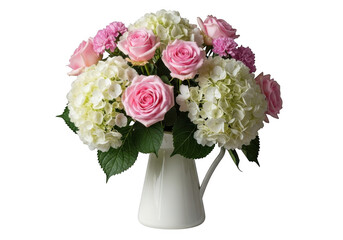 Beautiful bouquet of pink roses and white hydrangeas in a cream pitcher isolated on transparent background
