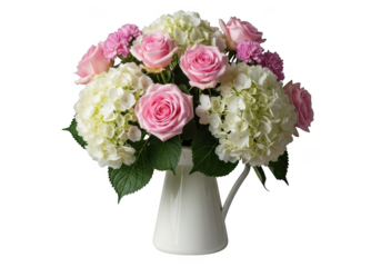 Beautiful bouquet of pink roses and white hydrangeas in a cream pitcher isolated on transparent background