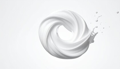 Swirling white fluid ring with droplet splash on plain background