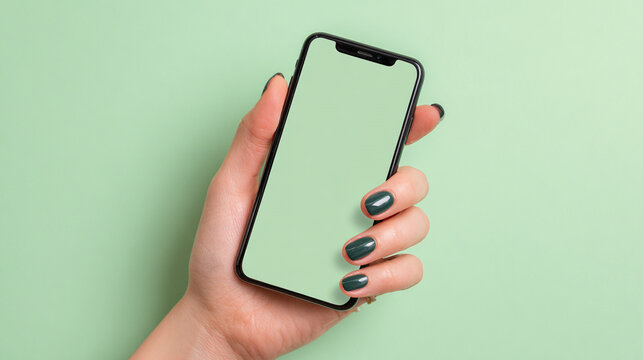 A woman's hand with a dark green manicure holds a smartphone with a blank screen against a coordinating light green background for a mockup display - Powered by Adobe