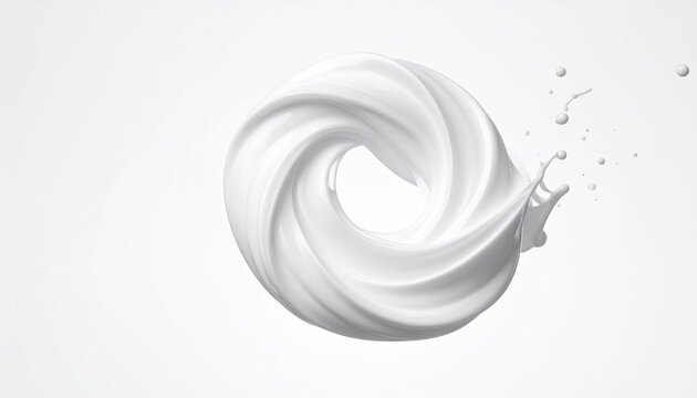 Swirling white fluid ring with droplet splash on plain background