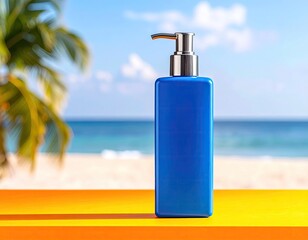 Blue bottle with pump on yellow table, beach backdrop