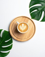 Latte art on wood, framed by monstera leaves, top view
