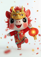 Fototapeta premium Cheerful Red Chinese Zodiac Pig on a Golden Pot with a Crown