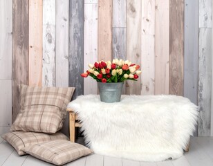 Tulips in pail on bench, pillows, fur rug, wood backdrop