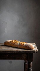 Crusty baguette resting on a rustic wooden table