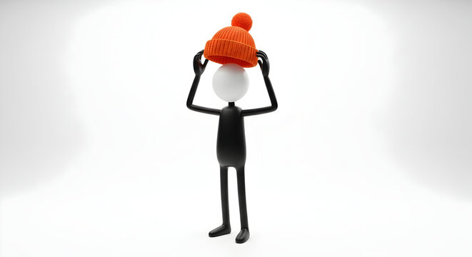 Figurine with Orange Knit Hat Concept Art Isolated White Background  Human Figure Posing Studio Shot Headwear Character Design 3D Rendering