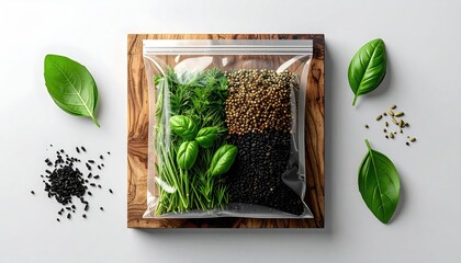 Herbs/spices in bag on board, leaves scattered around