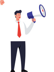 A cartoon man holding a megaphone, speaking, and wearing a red tie.