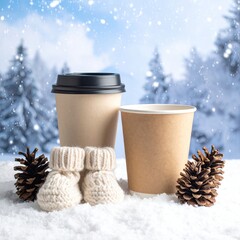 Winter scene paper cups, booties, pine cones, snowy backdrop