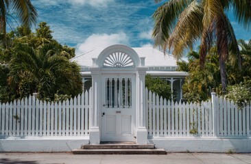 Elegant white gate with decorative archway and lush tropical trees on a sunny day