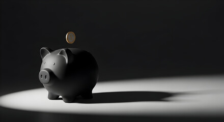 Black Piggy Bank with Coin Savings Investment Financial Planning Wealth Management Budgeting Banking Finance Retirement Concept