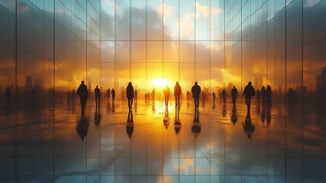 City Silhouettes at Sunset: Silhouetted figures navigate a modern cityscape, bathed in the golden glow of a sunset, as the reflections of the skyline shimmer in the wet ground