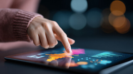 A person analyzes complex business data using interactive charts and graphs on a modern digital tablet screen