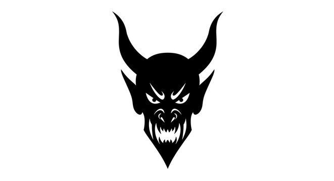 Silhouette of a devil head with horns and sharp teeth on a white background