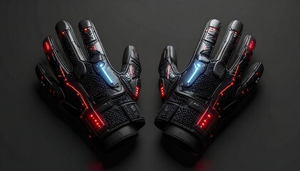 Futuristic black gloves with glowing red and blue lights, representing advanced wearable technology for virtual reality, gaming, and interactive digital control