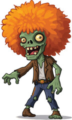 Cartoon zombie character with green skin, big eyes, missing teeth, orange afro hairstyle, funny undead monster, tattered clothes, humorous illustration