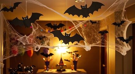 Halloween home decoration with bats and spider web for a spooky atmosphere