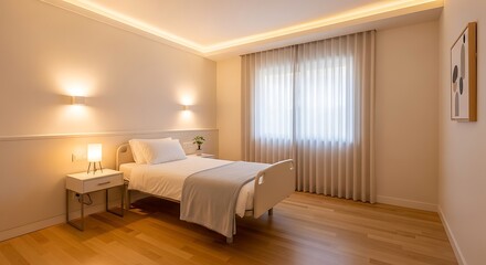 Serene hospital room, minimal design, soft light, clean interior design