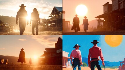 Four images depicting cowboy figures in the American West at sunset, walking towards sunlit townscapes