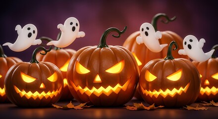 Spooky halloween pumpkins with ghosts glowing in the dark for a scary night