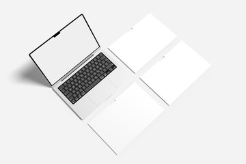 Laptop computer mockup with blank wireframing pages on a white background for Presentation Design Templates and creative branding projects
