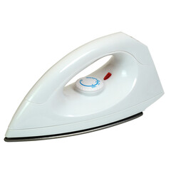 White electric clothes iron with ergonomic handle isolated on transparent background. Ideal for household appliance, garment care, and product design themes.