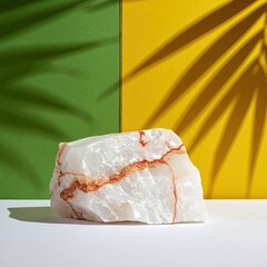 Calcite chunk, orange veins, set before green/yellow backdrops