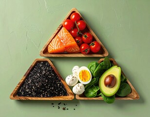 Healthy food in triangular bowls on green background