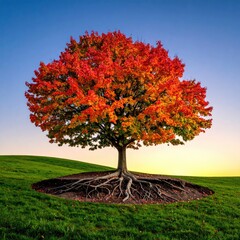 Solitary tree boasts vibrant autumn foliage on a grassy hill