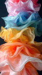 Pastel fabric layers, stacked and airy, dark backdrop