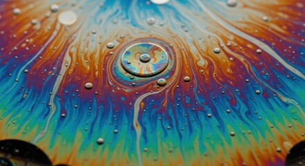 Liquid surface colorful iridescence with water droplets pattern background
