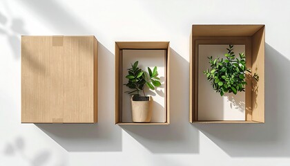Three boxes, two hold plants, set against a white wall