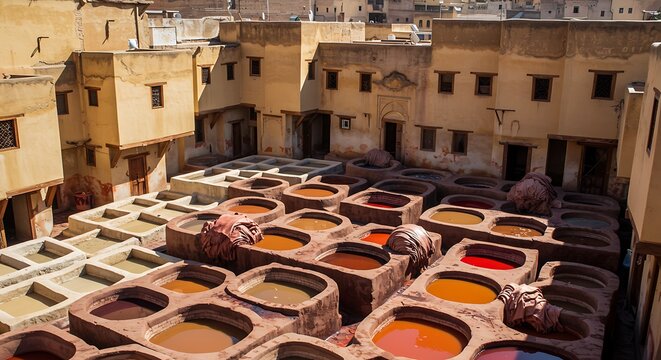 Overhead view of colorful dye vats in an outdoor tannery courtyard