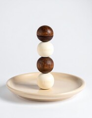 Stacked wooden balls on plate, alternating dark and light