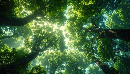 Canopy view up, tall trees, bright sky, dreamy
