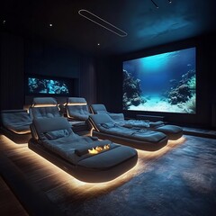Immerse yourself in cinematic bliss within a lavish home theater, complete with reclining seats, ambient lighting, and a captivating underwater view