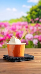 Creamy dessert cup on slate, blurred floral background