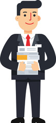 A smiling businessman in a suit holds a stack of papers, documents, and reports.