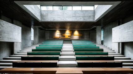 Fototapeta premium Modern Concrete Lecture Hall with Green Seating and Wooden Accents in Minimalist Design