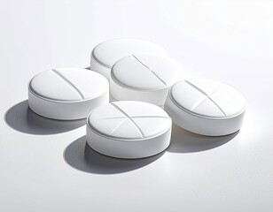 White, round pills with cross indents on a bright surface