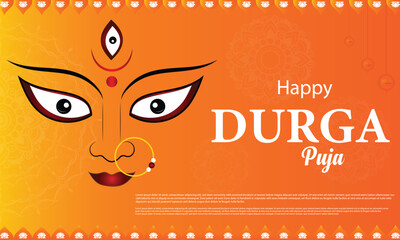 Happy Durga Puja Background poster, flyer, brochure, background design with Goddess Durga Face. Happy Durga Puja template background design. Subh Navratri background. Vector illustration.