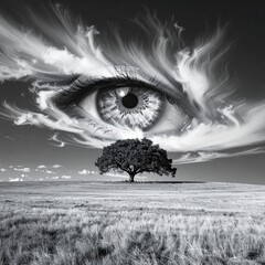 Giant eye in sky overlooks tree, grass. Surreal monochrome